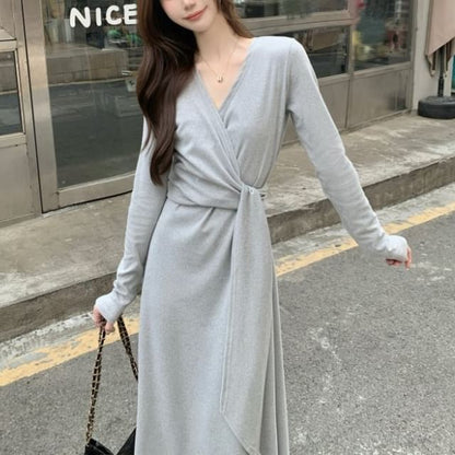 Long Sleeve V-Neck Plain Tie-Up Maxi A-Line Wrap Dress