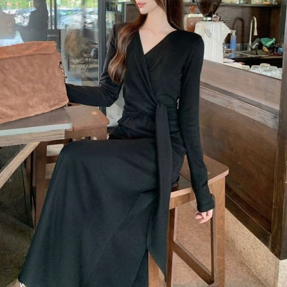 Long Sleeve V-Neck Plain Tie-Up Maxi A-Line Wrap Dress