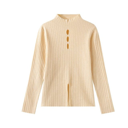 Mock Neck Cutout Slit Knit Long-Sleeve Top