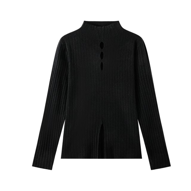 Mock Neck Cutout Slit Knit Long-Sleeve Top