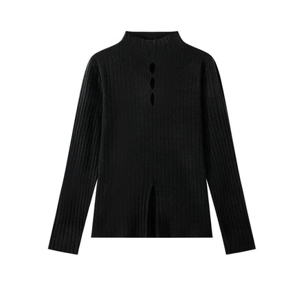 Mock Neck Cutout Slit Knit Long-Sleeve Top