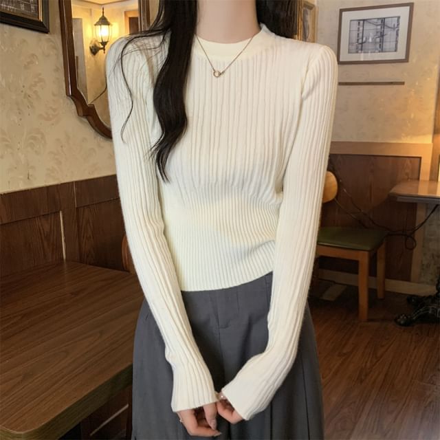 Solid Crew-Neck Cropped Knit Long-Sleeve Sweater