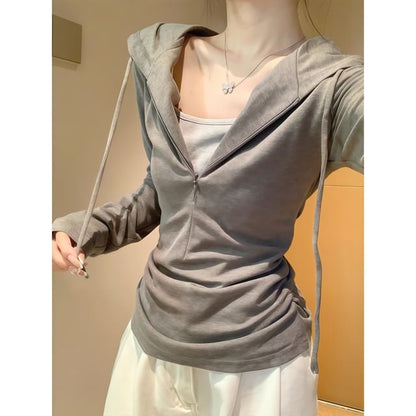Two-Tone Ruched Half-Zip Hoodie Mock Two-Piece Style