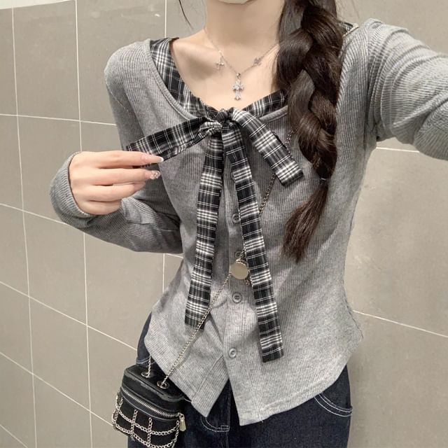 Plaid Button-Front V-Neck Long-Sleeve Faux Two-Piece Blouse