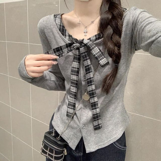 Plaid Button-Front V-Neck Long-Sleeve Faux Two-Piece Blouse
