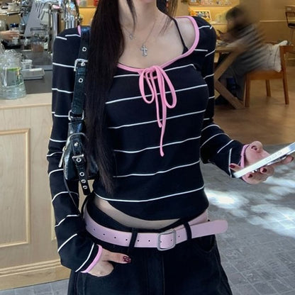 Striped Contrast-Trim Scoop-Neck Cropped Long-Sleeve Tee