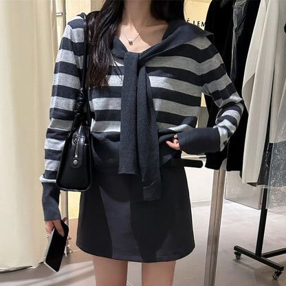 Sailor-Collar Tie-Front Cropped Knit Long-Sleeve Sweater