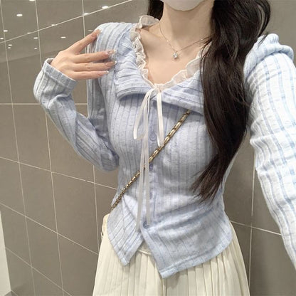 Split Neck Lace Panel Button-Up Slim Crop Top