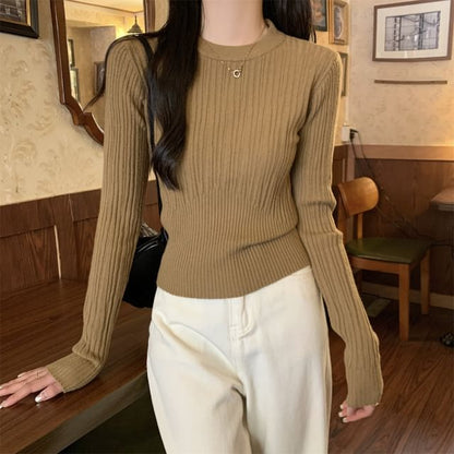 Solid Crew-Neck Cropped Knit Long-Sleeve Sweater