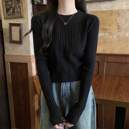 Solid Crew-Neck Cropped Knit Long-Sleeve Sweater