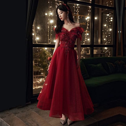 Short Sleeve Off Shoulder Beaded Embroidered Mesh Midi A-Line Cocktail Dress / Evening Dress