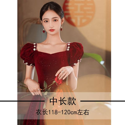 Short Puff Sleeve Sweetheart Neck Plain Glitter Beaded Velvet Midi A-Line Cocktail Dress / Evening Dress