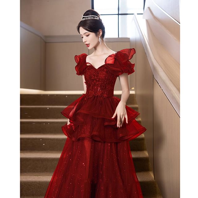 Short Sleeve Sweetheart Neck Plain Sequin Embroidered Glitter Ruffle Mesh A-Line Evening Gown