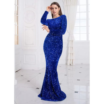Long Sleeve Boat Neck Plain Sequin Mermaid Evening Gown