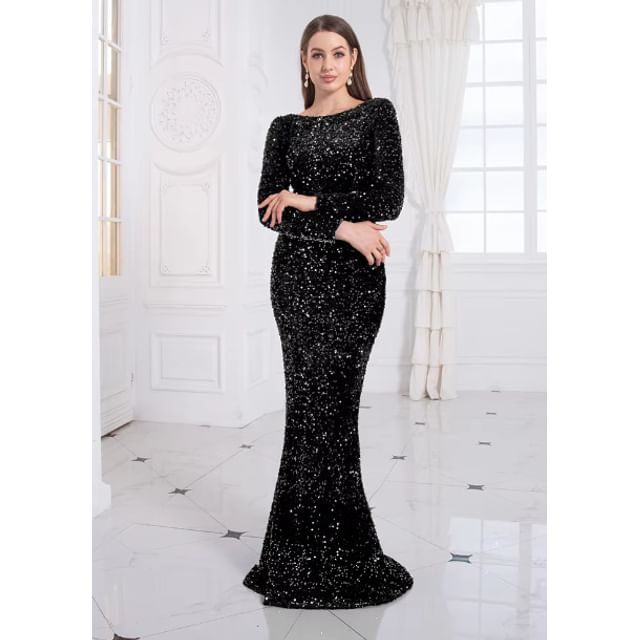 Long Sleeve Boat Neck Plain Sequin Mermaid Evening Gown