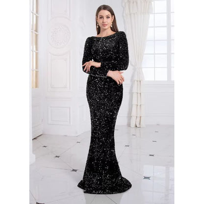 Long Sleeve Boat Neck Plain Sequin Mermaid Evening Gown