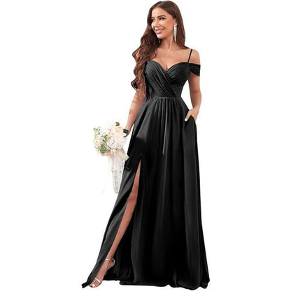 Spaghetti Strap Cold Shoulder Sweetheart Neck Plain Ruched Slit Maxi A-Line Bridesmaid Dress