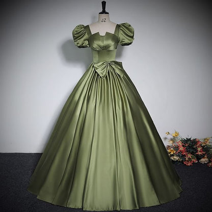 Short Puff Sleeve Square Neck Plain Bow Satin A-Line Evening Gown