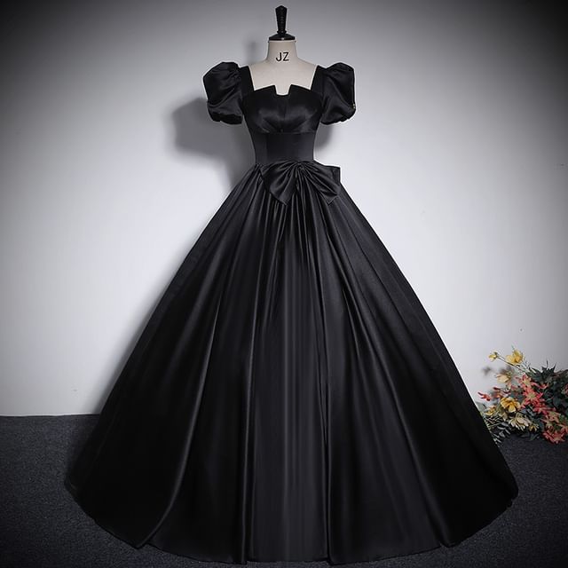 Short Puff Sleeve Square Neck Plain Bow Satin A-Line Evening Gown