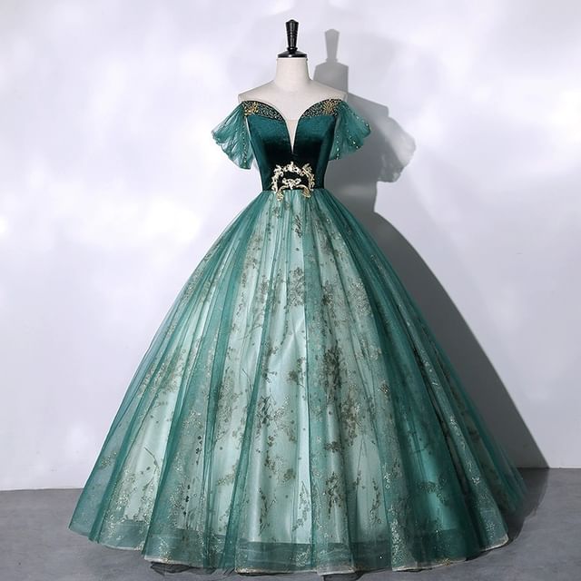 Short Sleeve Off Shoulder  Beaded Velvet Panel Mesh A-Line Evening Gown