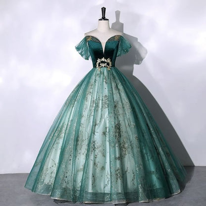 Short Sleeve Off Shoulder  Beaded Velvet Panel Mesh A-Line Evening Gown