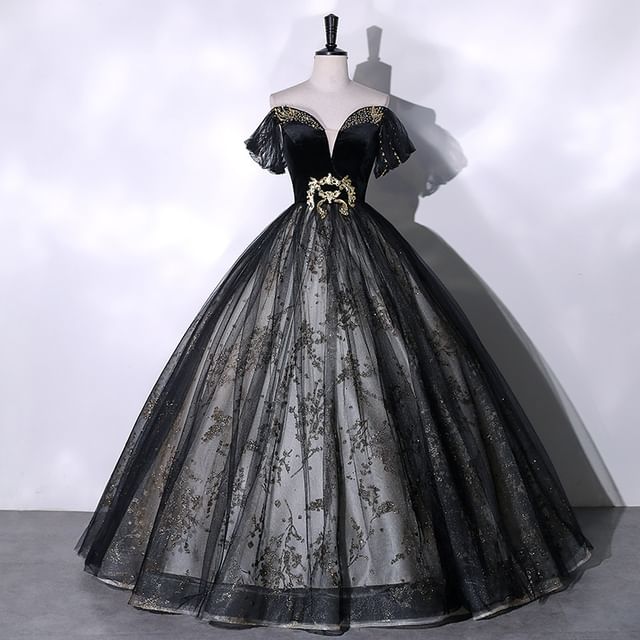 Short Sleeve Off Shoulder  Beaded Velvet Panel Mesh A-Line Evening Gown