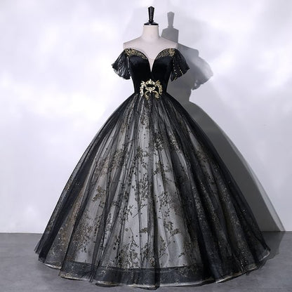 Short Sleeve Off Shoulder  Beaded Velvet Panel Mesh A-Line Evening Gown