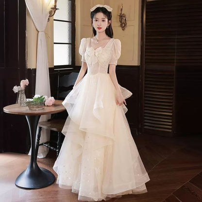 Short Sleeve Sweetheart Neck Patterned Print Bow Ruffle Mesh A-Line Evening Gown