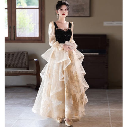 Long Sleeve Sweetheart Neck Rhinestone Ruffle Velvet Panel Mesh A-Line Evening Gown