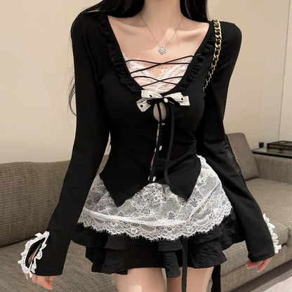 Scoop Neck Lace Panel Mock Two-Piece Long-Sleeve Top