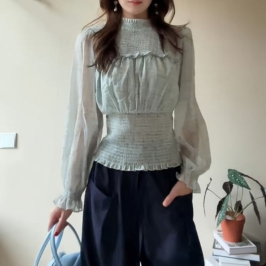 Elegant Smocked Mock Neck Long-Sleeve Blouse
