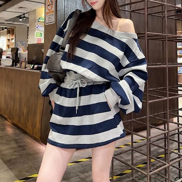 Striped Off-Shoulder Pullover with Matching Mini Skirt Set