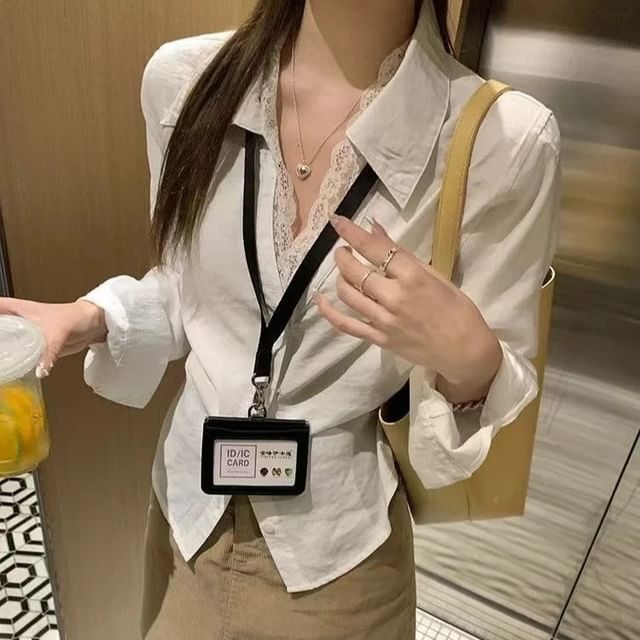Delicate Lace Trim Long-Sleeve Solid Shirt