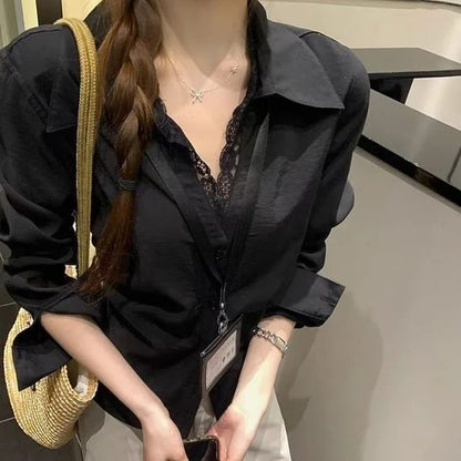Delicate Lace Trim Long-Sleeve Solid Shirt