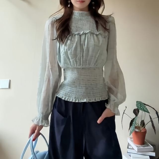 Elegant Smocked Mock Neck Long-Sleeve Blouse