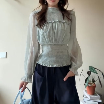 Elegant Smocked Mock Neck Long-Sleeve Blouse