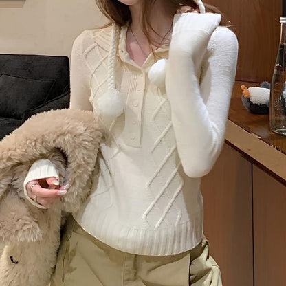 Slim-Fit Cable Knit Half-Button Collared Long-Sleeve Top
