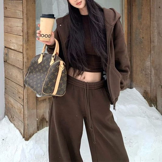 Zip-Up Hoodie with Crop Tee and Wide Leg Sweatpants Set
