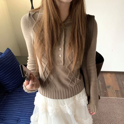 Slim-Fit Cable Knit Half-Button Collared Long-Sleeve Top