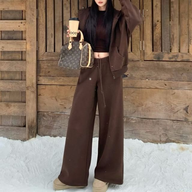 Zip-Up Hoodie with Crop Tee and Wide Leg Sweatpants Set