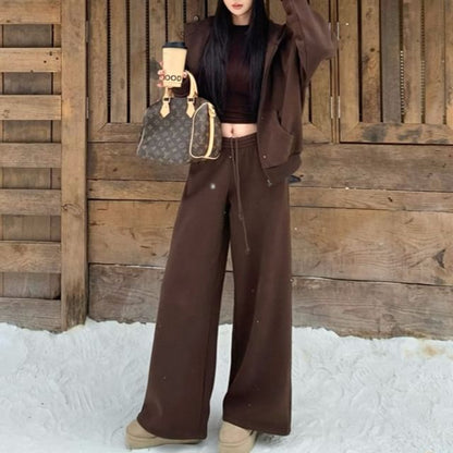 Zip-Up Hoodie with Crop Tee and Wide Leg Sweatpants Set