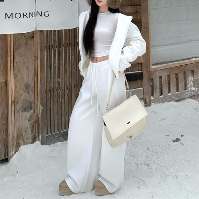 Zip-Up Hoodie with Crop Tee and Wide Leg Sweatpants Set