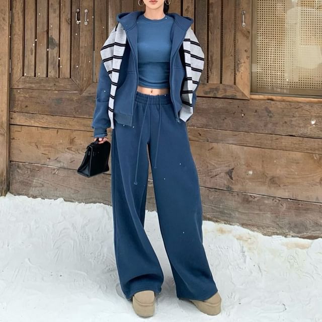 Zip-Up Hoodie with Crop Tee and Wide Leg Sweatpants Set