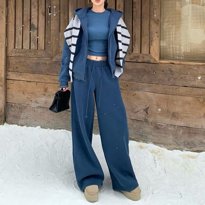 Zip-Up Hoodie with Crop Tee and Wide Leg Sweatpants Set