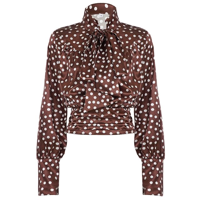 Dotted Tie-Neck Long-Sleeve Blouse