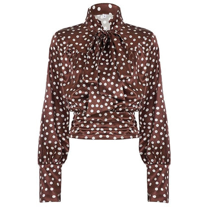Dotted Tie-Neck Long-Sleeve Blouse
