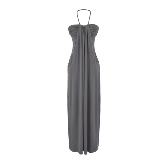 Halter Neck Plain Ruched Open Back Maxi Sheath Dress