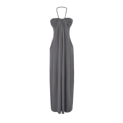 Halter Neck Plain Ruched Open Back Maxi Sheath Dress