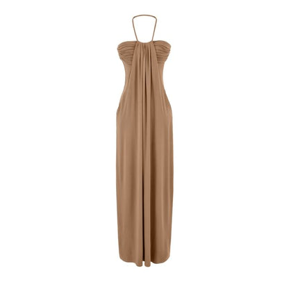 Halter Neck Plain Ruched Open Back Maxi Sheath Dress