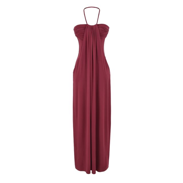 Halter Neck Plain Ruched Open Back Maxi Sheath Dress